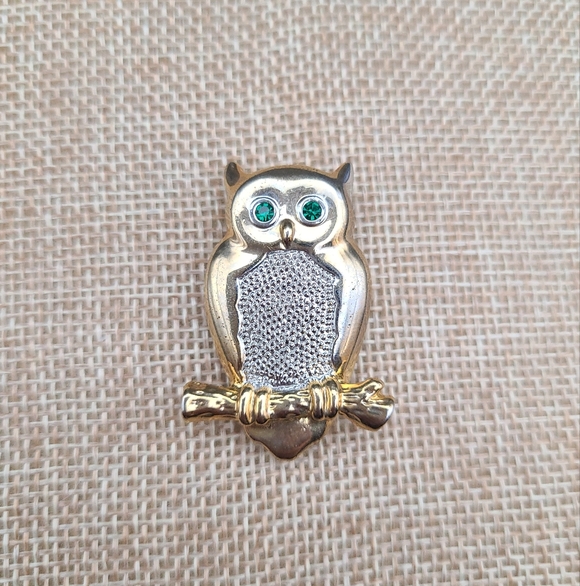Jewelry - Gold and Silver Owl Brooch with Green Eyes